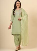 Silk Blend Pista Green Casual Wear Embroidery Work Readymade Straight Suit